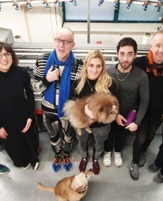 Creative team and furry friends at the Netherlands’ Knitwear Lab. © Knitwear Lab.