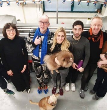 Creative team and furry friends at the Netherlands’ Knitwear Lab. © Knitwear Lab.