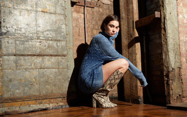 Flat knitted cable pattern dress with Tencel Modal with Indigo Color technology. © Lenzing Group