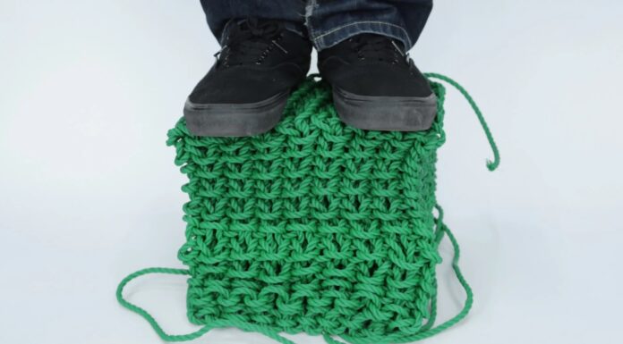 A hand-knit cube created using the solid knitting fabrication technique. © Carnegie Mellon University