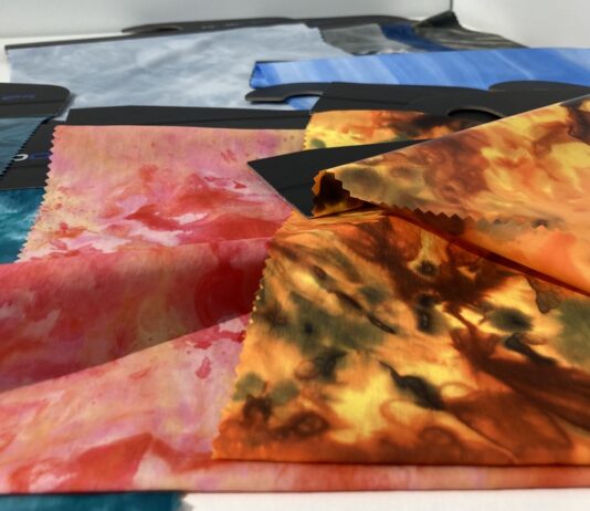 Domiles Enterprises Co. spray dyed textiles at Performance Days Munich. © Anne Prahl